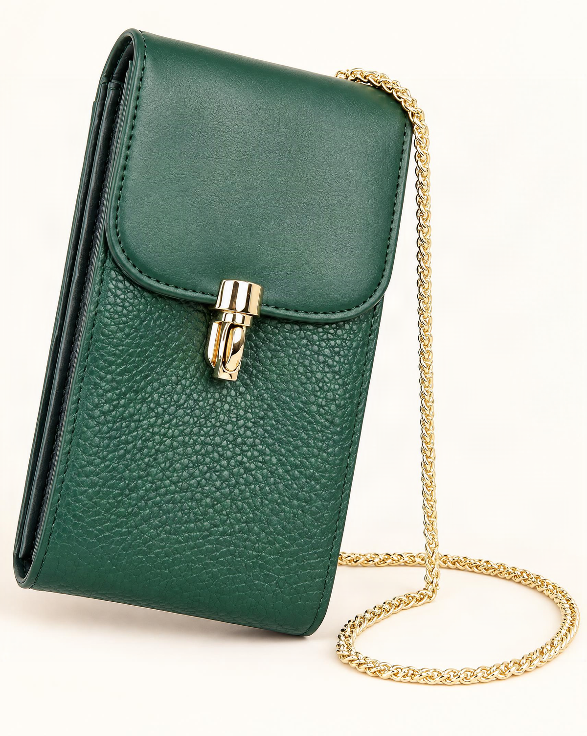 Cowhide Vertical Phone Crossbody Bag — front three-quarter view on a warm white background