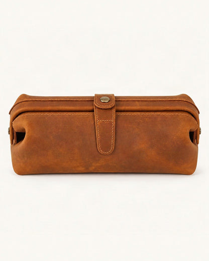 Top-Grain Cowhide Cosmetic Pouch — straight-on front view on a warm white background