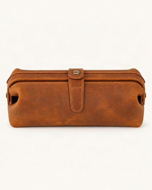 Top-Grain Cowhide Cosmetic Pouch — straight-on front view on a warm white background