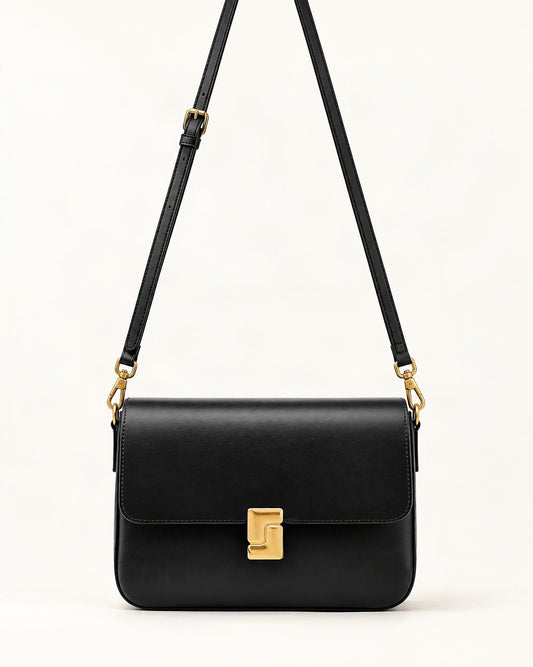 Cowhide Leather Small Crossbody Bag with Turn-Lock Closure — straight-on front view on a warm white background