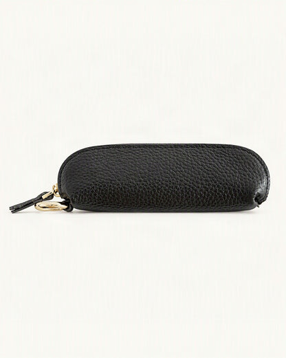 Top-Grain Cowhide Mini Zip Pouch with Keyring Clip — straight-on front view on a warm white background