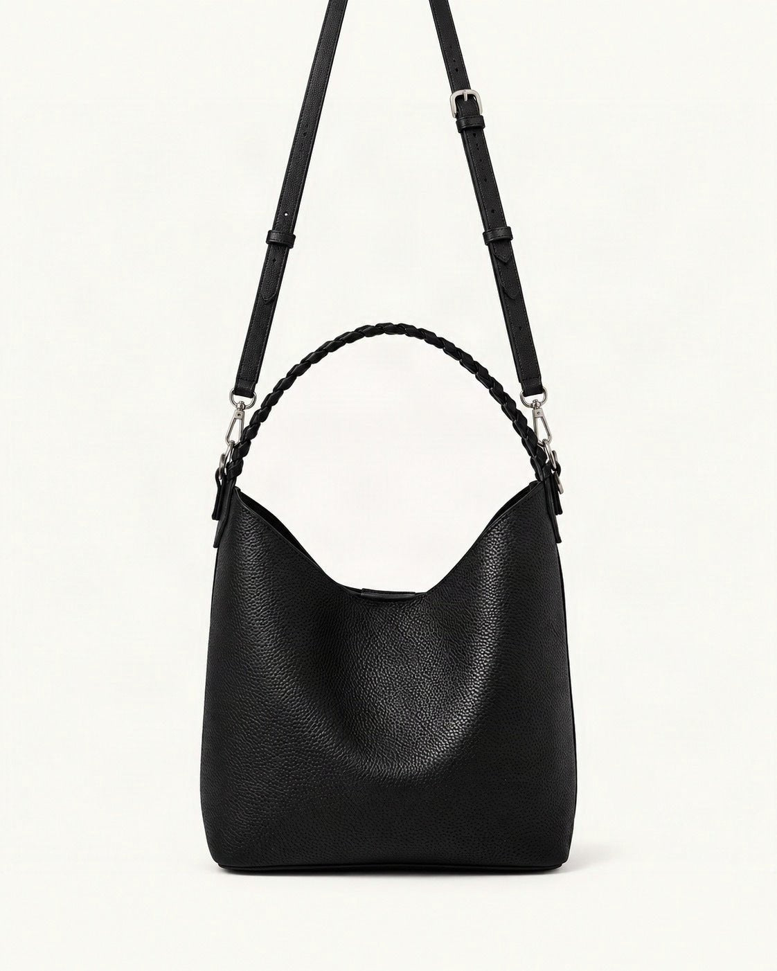 Cowhide Leather Bucket Bag Braided Handle — straight-on front view on a warm white background