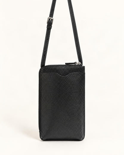Cowhide Leather Vertical Phone Crossbody Bag — straight-on front view on a warm white background