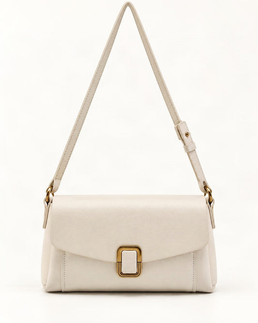 Cowhide Leather Small Crossbody Bag with Adjustable Strap — straight-on front view on a warm white background
