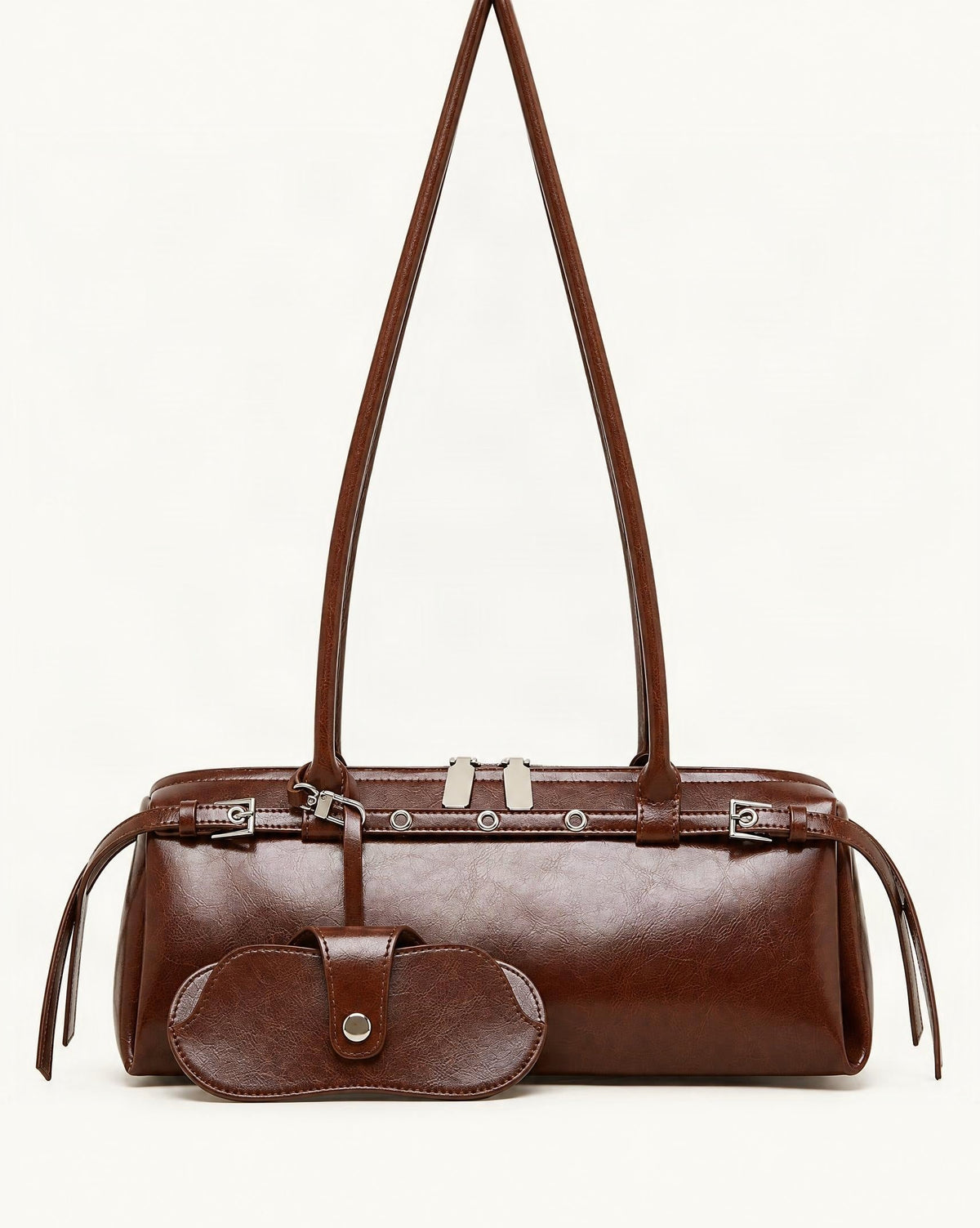 Cowhide Leather Small Barrel Tote with Sunglass Pouch — straight-on front view on a warm white background