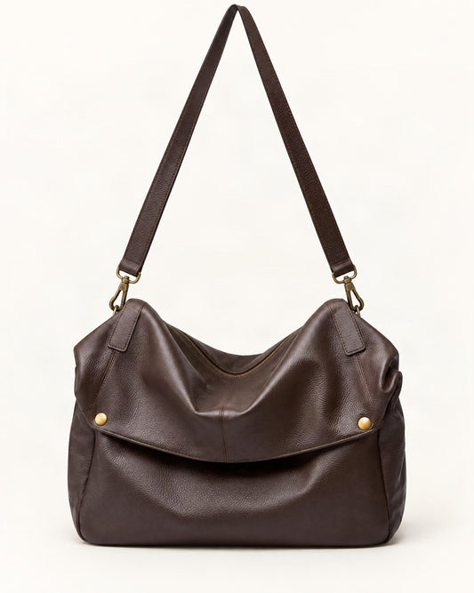 Cowhide Leather Tote Shoulder Bag with Detachable Strap — straight-on front view on a warm white background