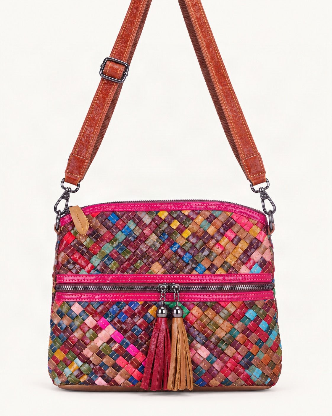 Cowhide Small Plus Crossbody Bag — straight-on front view on a warm white background