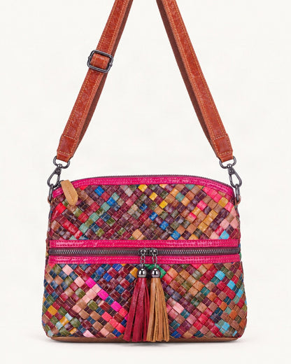 Cowhide Small Plus Crossbody Bag — straight-on front view on a warm white background