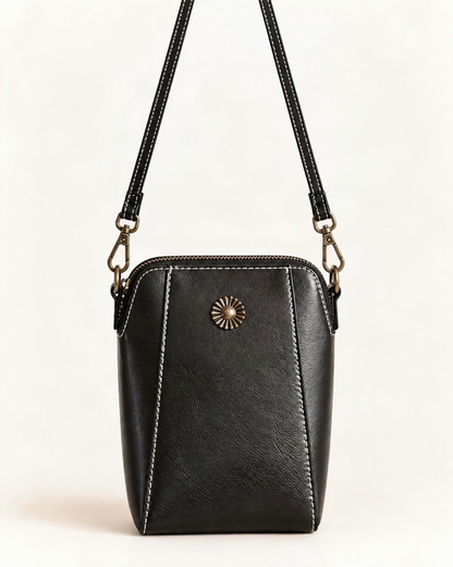 Cowhide Leather Micro Crossbody Phone Bag with Zip Closure — straight-on front view on a warm white background