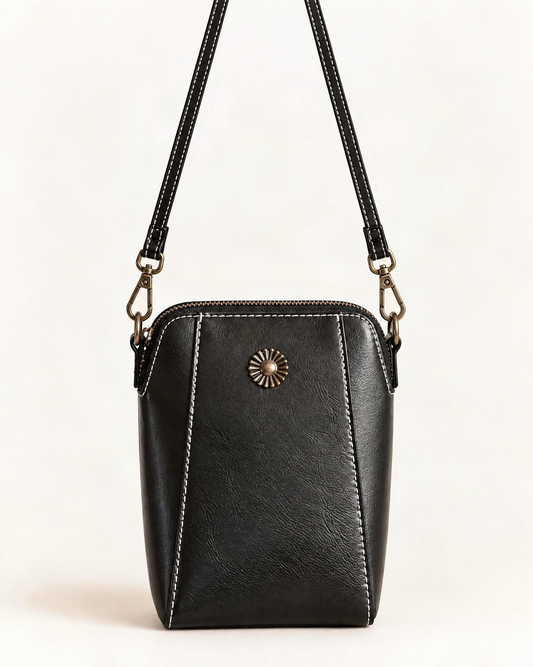 Cowhide Leather Micro Crossbody Phone Bag with Zip Closure — straight-on front view on a warm white background