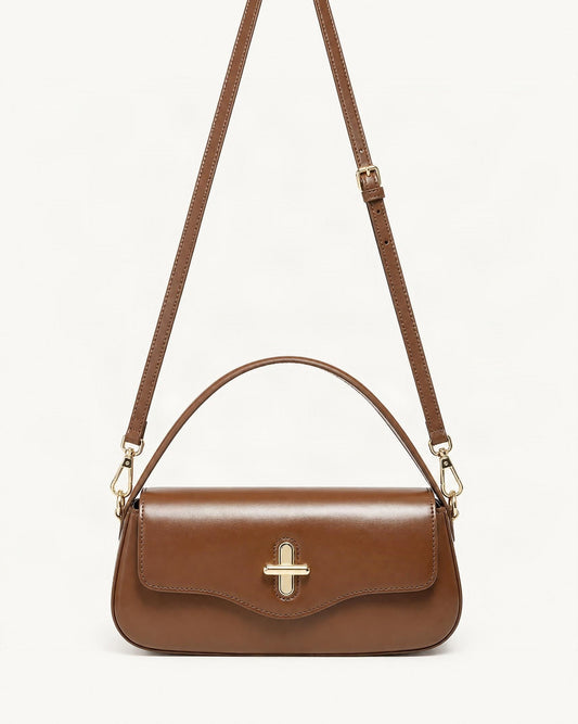 Cowhide Leather Baguette Crossbody Shoulder Top Handle — straight-on front view on a warm white background