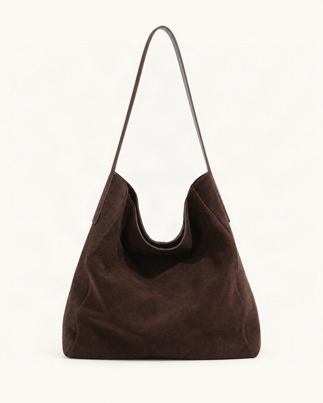 Suede Cowhide Slouchy Shoulder Tote Bag — straight-on front view on a warm white background