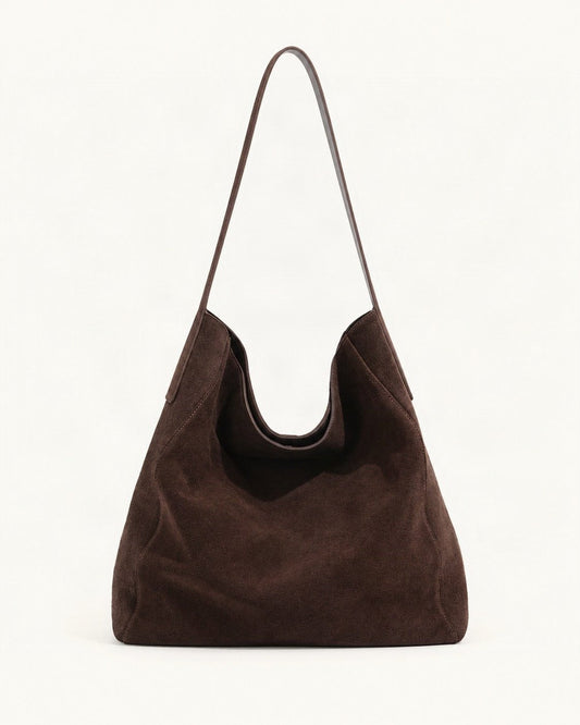 Suede Cowhide Slouchy Shoulder Tote Bag — straight-on front view on a warm white background