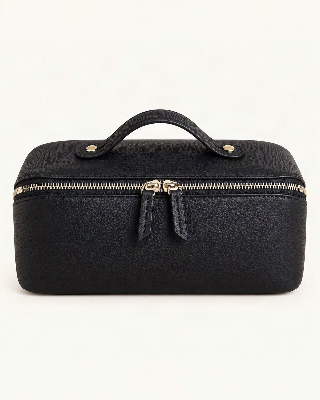 Top-Grain Cowhide Cosmetic Pouch with Double Zippers — straight-on front view on a warm white background