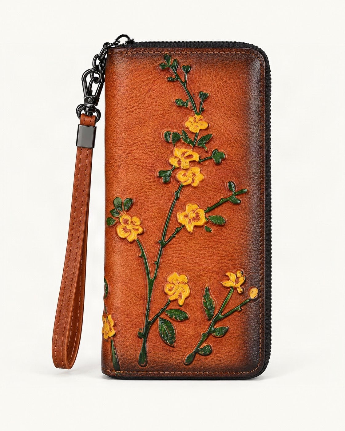 Top-Grain Cowhide Wristlet Wallet — straight-on front view on a warm white background