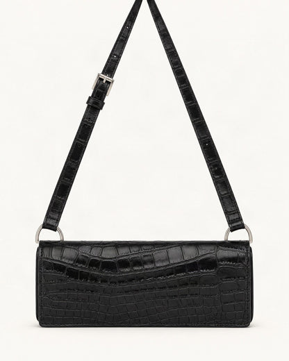 Split Cowhide Croc-Embossed Belt Bag — straight-on front view on a warm white background