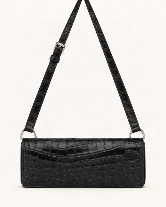 Split Cowhide Croc-Embossed Belt Bag — straight-on front view on a warm white background
