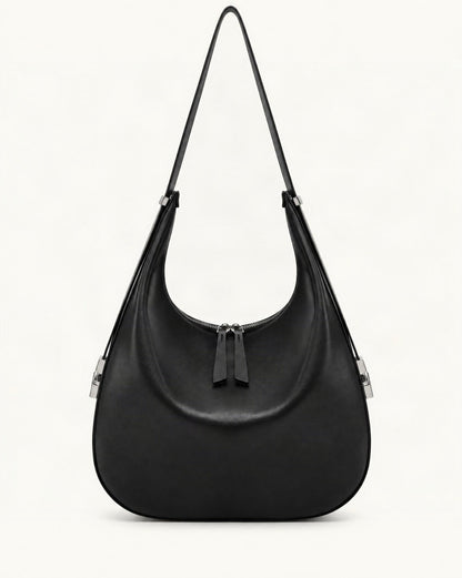 Cowhide Leather Crescent Hobo Shoulder Bag – Color Options — straight-on front view on a warm white background