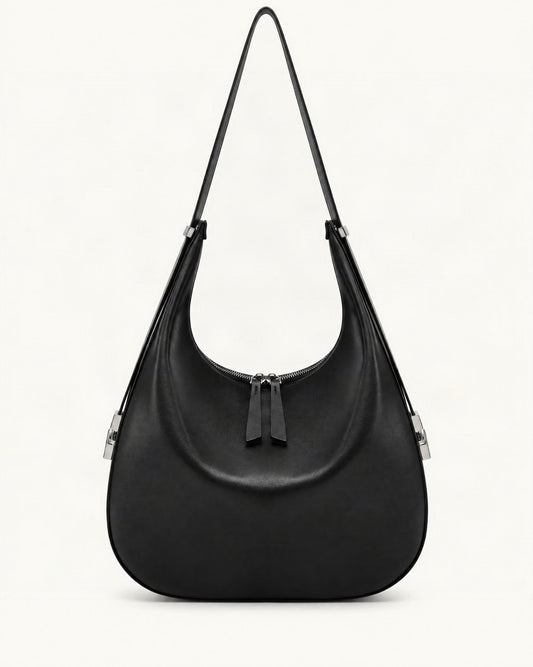 Cowhide Leather Crescent Hobo Shoulder Bag – Color Options — straight-on front view on a warm white background
