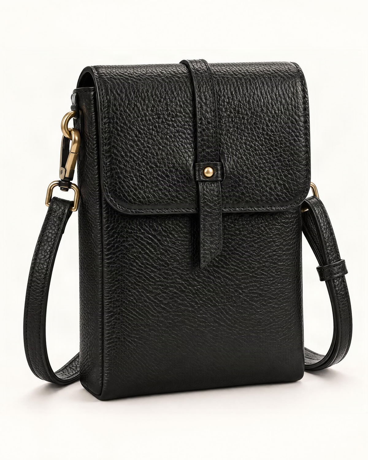 Cowhide Leather Micro Crossbody Phone Bag — front three-quarter view on a warm white background