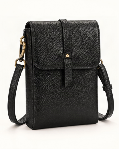 Cowhide Leather Micro Crossbody Phone Bag — front three-quarter view on a warm white background