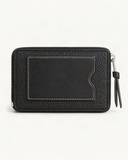 Cowhide Mini Card Holder Wallet w Zip Coin Pocket — straight-on front view on a warm white background