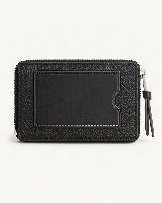 Cowhide Mini Card Holder Wallet w Zip Coin Pocket — straight-on front view on a warm white background