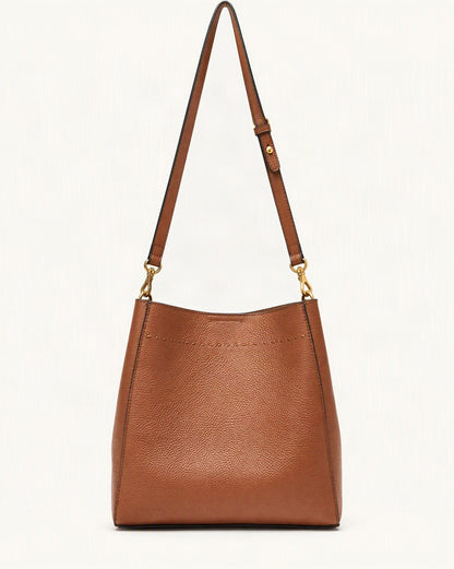Cowhide Leather Small Bucket Tote Bag — straight-on front view on a warm white background