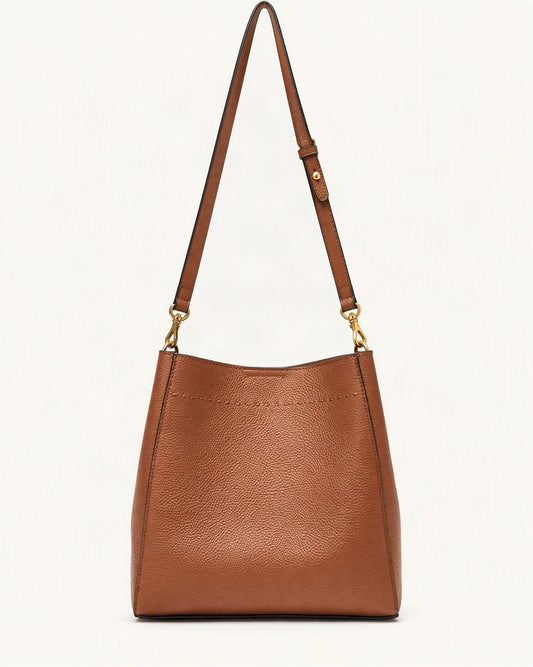 Cowhide Leather Small Bucket Tote Bag — straight-on front view on a warm white background