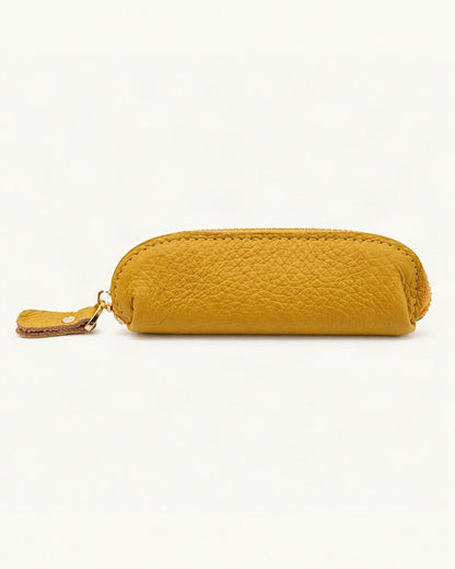 Genuine Leather Mini Coin Pouch with Zipper — straight-on front view on a warm white background