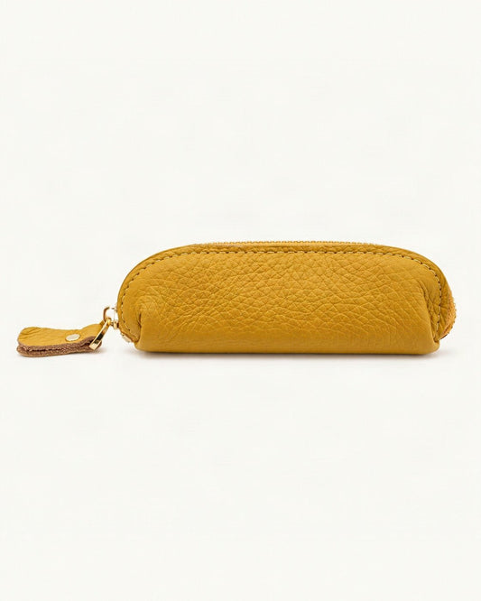 Genuine Leather Mini Coin Pouch with Zipper — straight-on front view on a warm white background