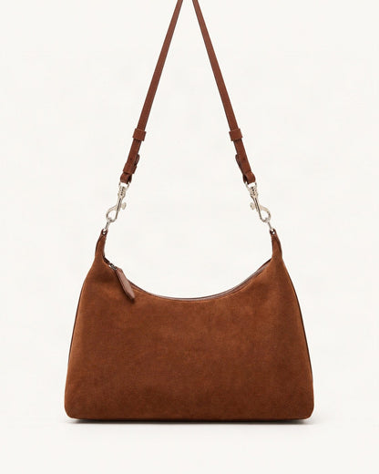 Cowhide Suede-Panel Shoulder Bag — straight-on front view on a warm white background