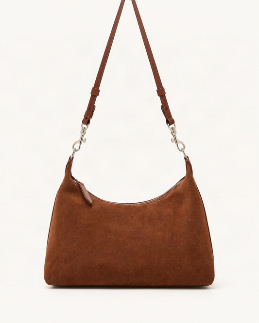 Cowhide Suede-Panel Shoulder Bag — straight-on front view on a warm white background