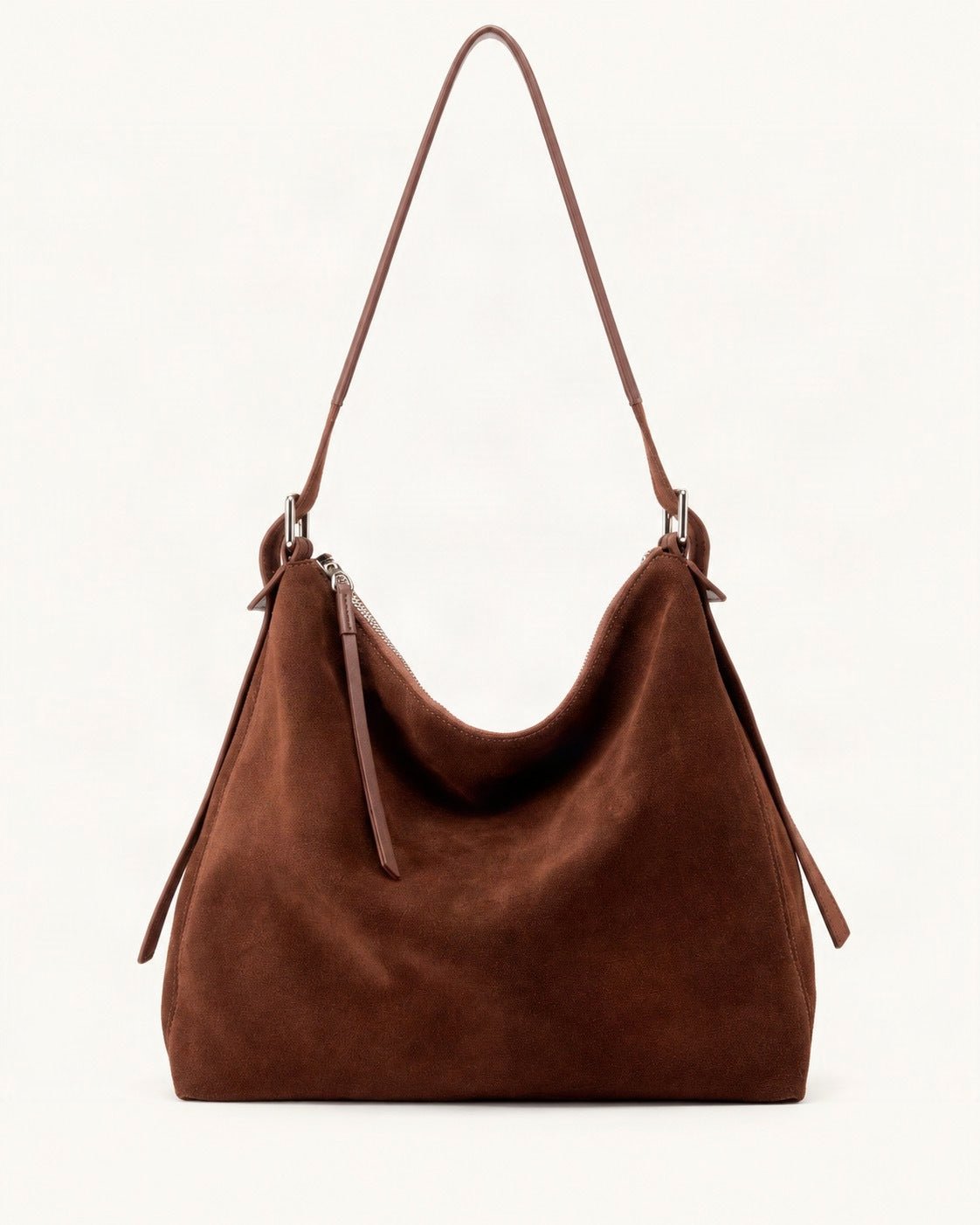 Suede Cowhide Small Plus Shoulder Tote Bag — straight-on front view on a warm white background