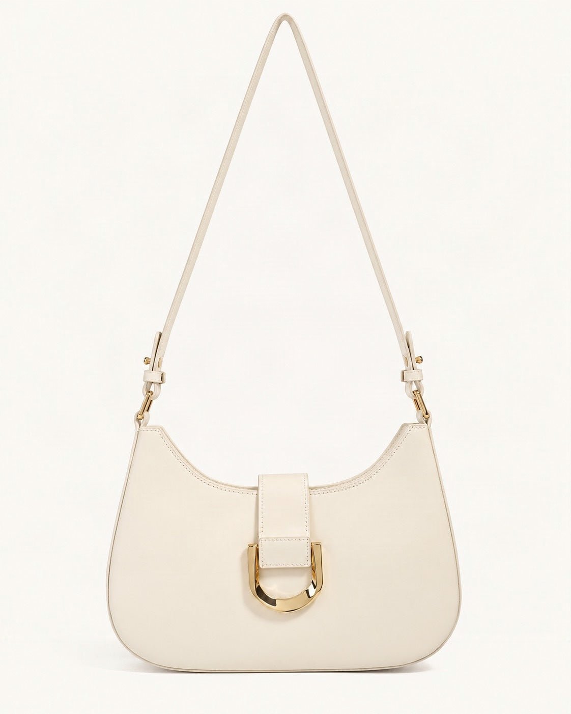 Fitted Small Cowhide Leather Shoulder Bag with Buckle — straight-on front view on a warm white background