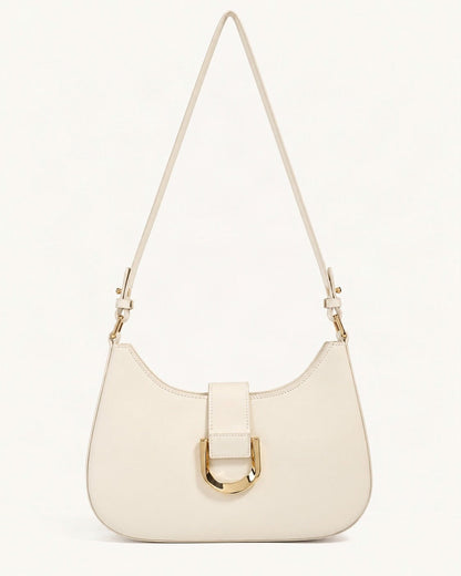 Fitted Small Cowhide Leather Shoulder Bag with Buckle — straight-on front view on a warm white background