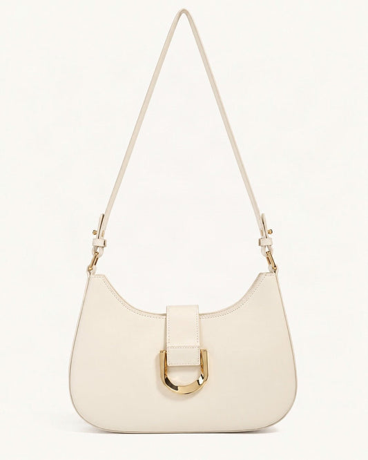 Fitted Small Cowhide Leather Shoulder Bag with Buckle — straight-on front view on a warm white background
