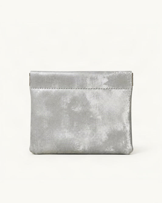 Satin Cowhide Mini Card Pouch with Spring Clasp Closure — straight-on front view on a warm white background