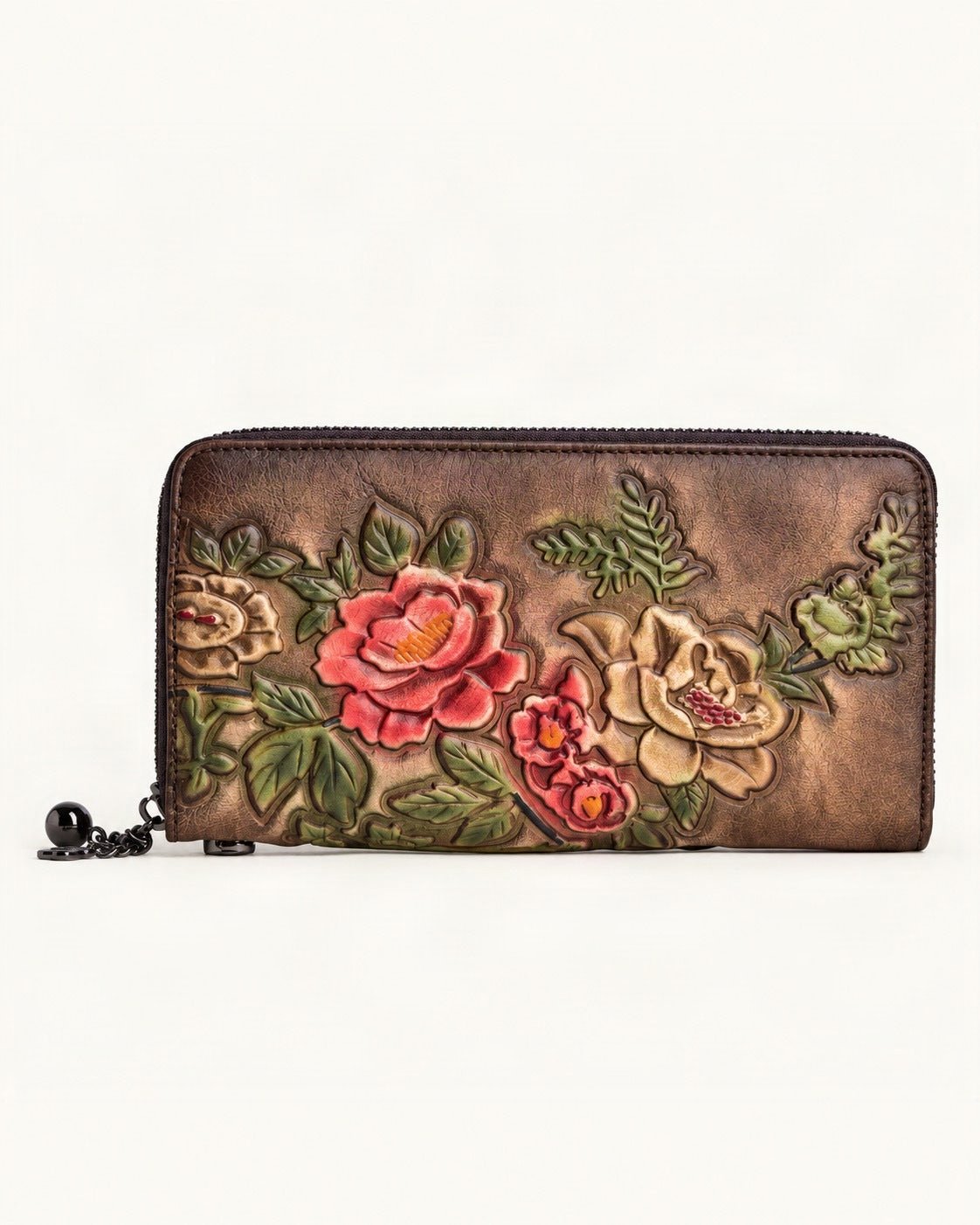 Cowhide Zip-Around Wallet Floral — straight-on front view on a warm white background
