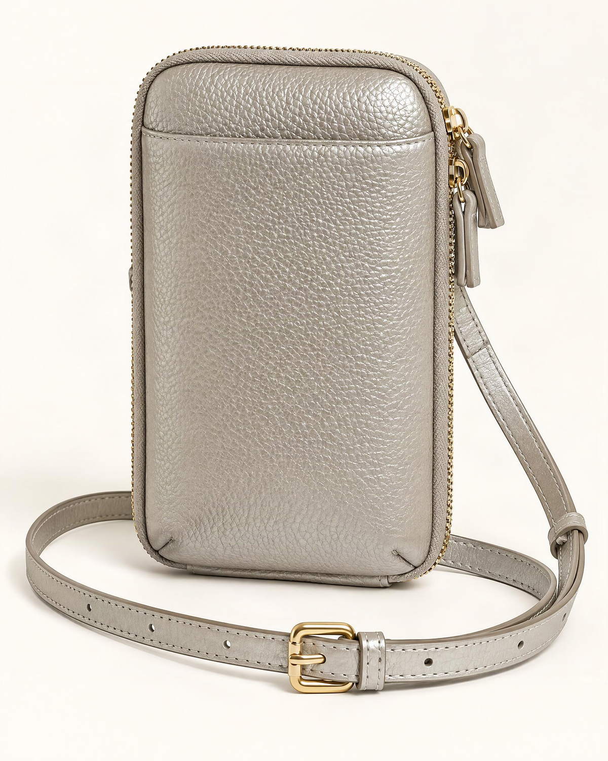 Cowhide Leather Phone Crossbody with Card Slots — front three-quarter view on a warm white background