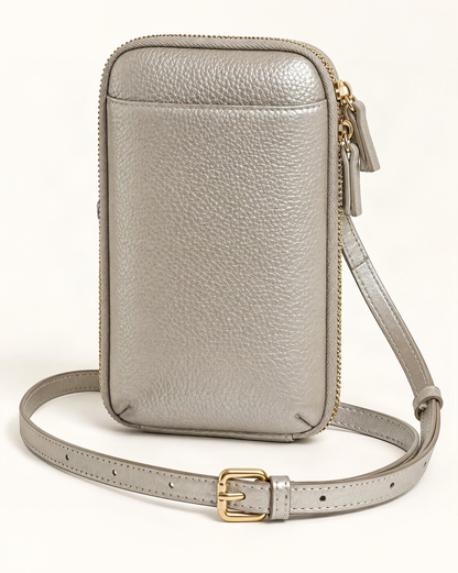 Cowhide Leather Phone Crossbody with Card Slots — front three-quarter view on a warm white background