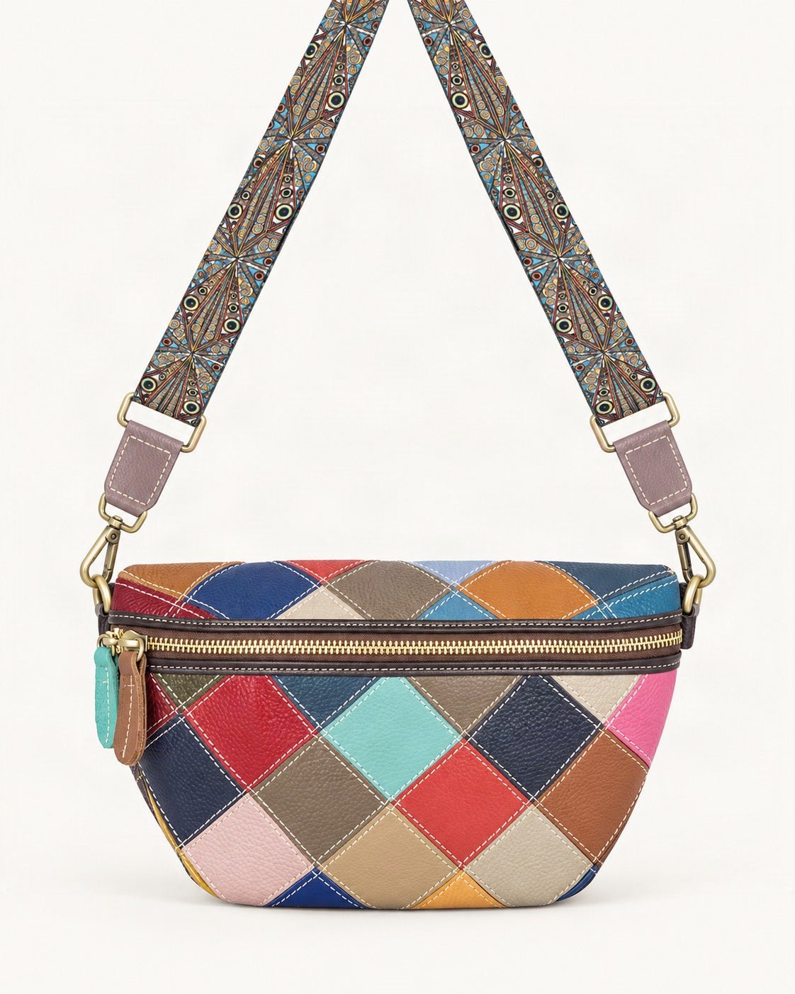 Top-Grain Cowhide Small Crossbody Bag — straight-on front view on a warm white background
