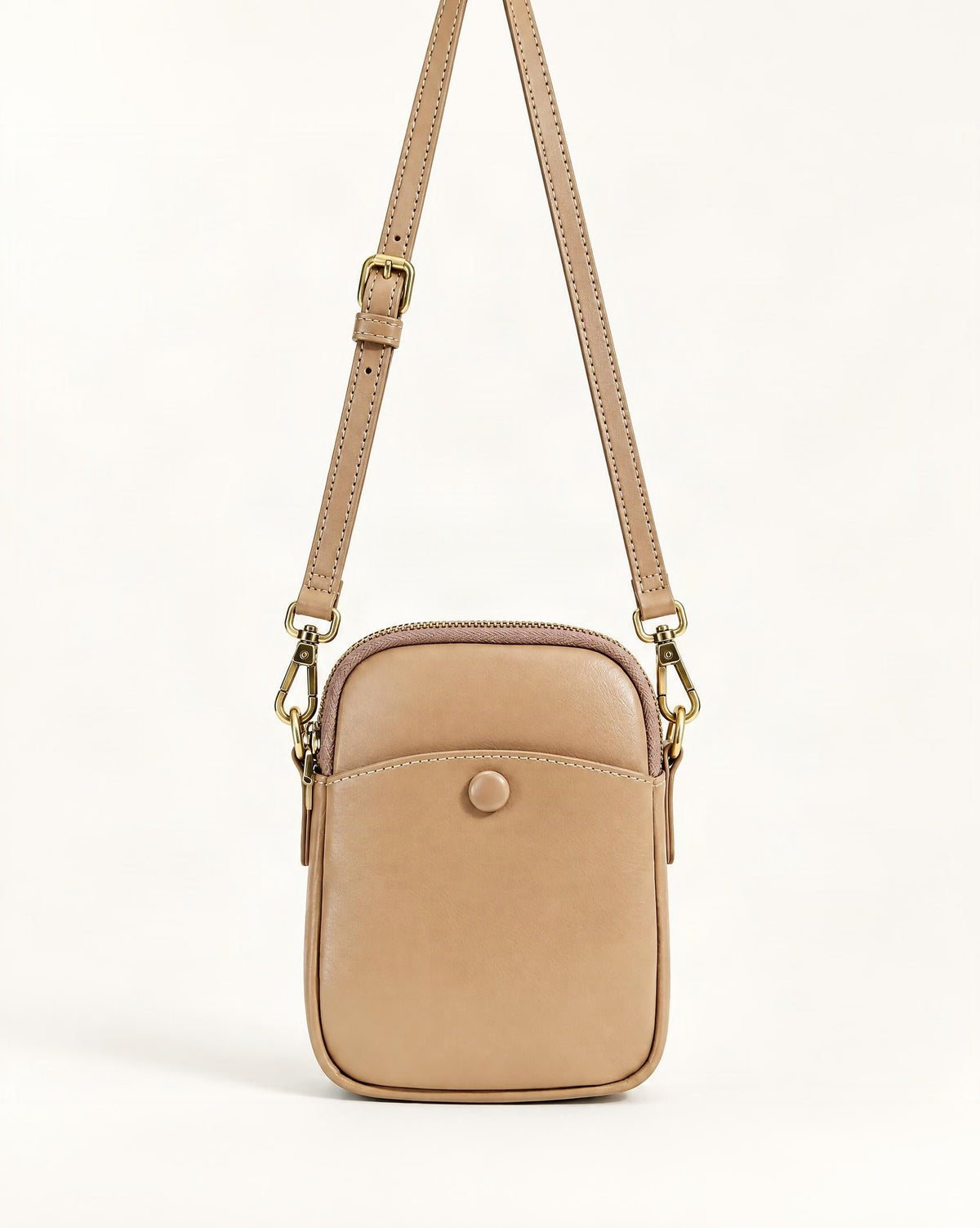 Cowhide Leather Micro Crossbody Bag with Adjustable Strap — straight-on front view on a warm white background