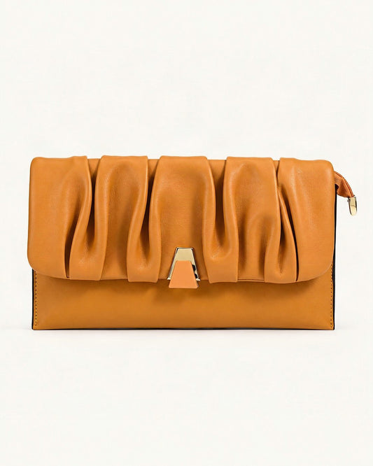Cowhide Leather Pleated Clutch Bag — straight-on front view on a warm white background