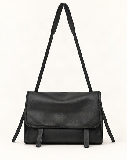 Cowhide Leather Messenger Crossbody Bag — straight-on front view on a warm white background