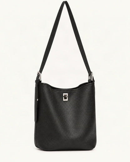 Top-Grain Cowhide Leather Bucket Bag, 7.9 x 9.1 x 4.7 in — straight-on front view on a warm white background