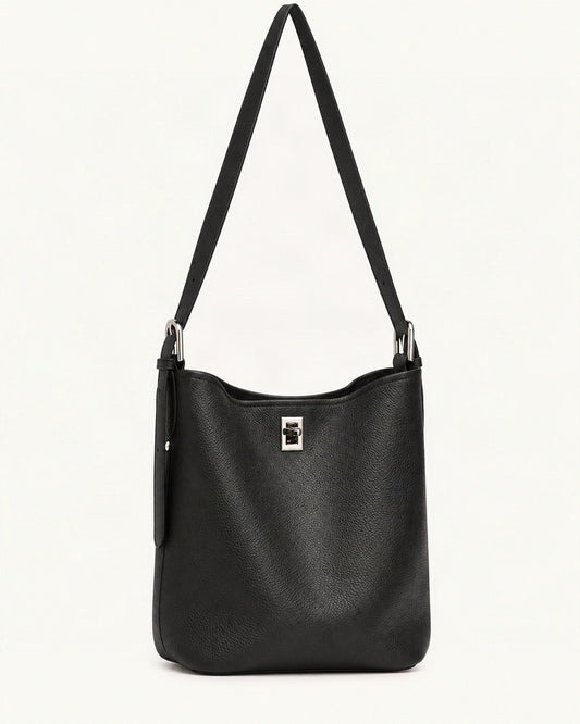 Top-Grain Cowhide Leather Bucket Bag, 7.9 x 9.1 x 4.7 in — straight-on front view on a warm white background