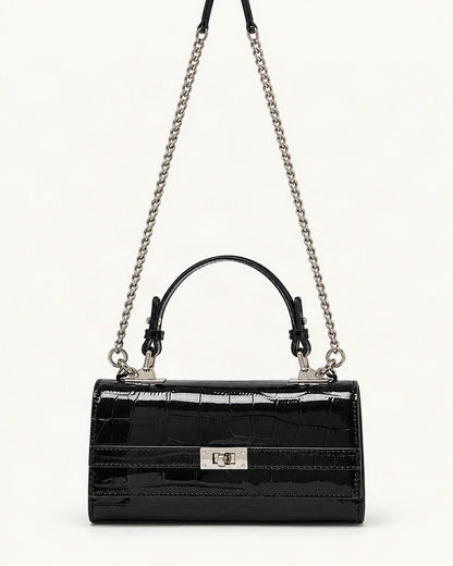 Crocodile-Embossed Cowhide Leather Envelope Crossbody Bag — straight-on front view on a warm white background