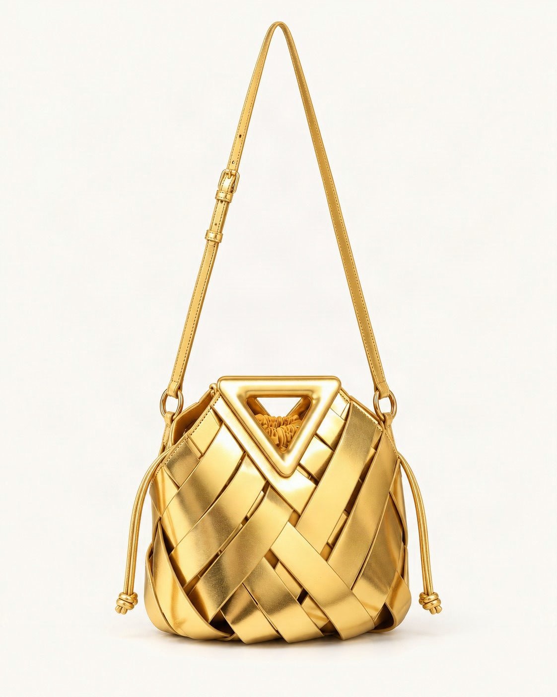 Leather Small Woven Bucket Bag — straight-on front view on a warm white background