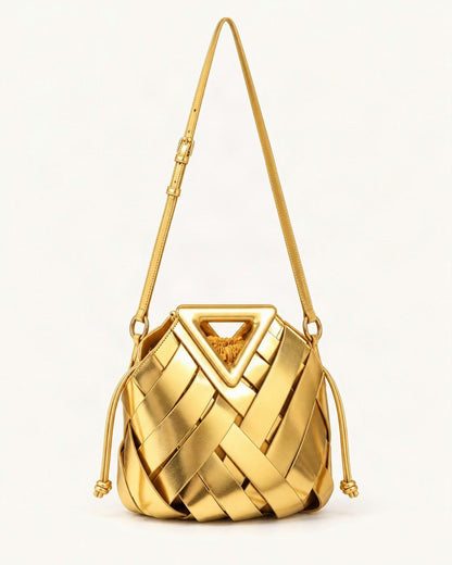 Leather Small Woven Bucket Bag — straight-on front view on a warm white background